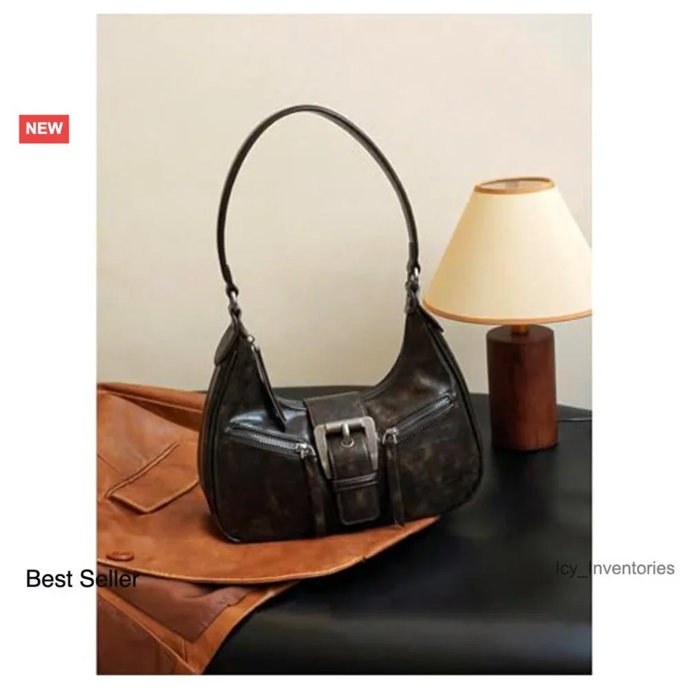 PU Leather Hobo Shoulder Bag with Buckle and Zipper Closure